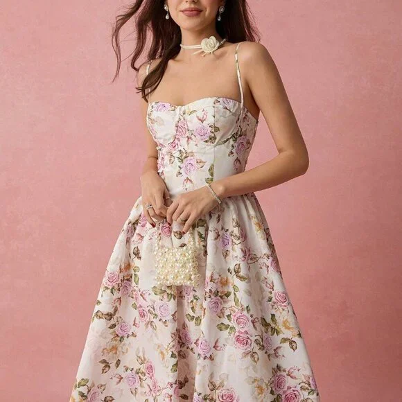 White Boho Women's Romantic Vacation Floral Print Spaghetti Strap A-Line Long Dr - Picture 4 of 7